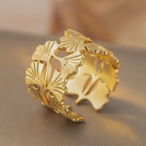 Adjustable 18k gold plated stainless steel ginkgo leaf ring with hollowed detail