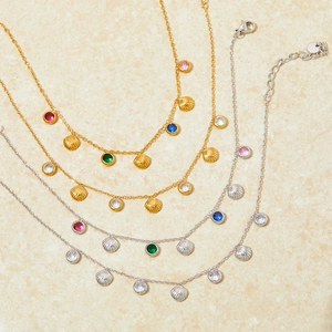 Set of gold and silver stainless steel anklets with colorful zircon and shell pendants