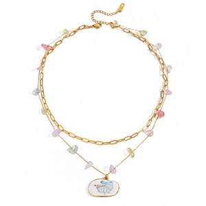 Double-layered 18K gold plated necklace with natural stones and colorful oval fish pendant