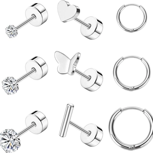Silver stainless steel stud and hoop earring set with cubic zirconia butterfly heart shapes