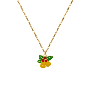 Detail of Christmas holly berry and bells pendant on a gold tone stainless steel chain