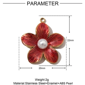 Detailed view of red enamel flower pendant size 22x20mm with pearl center