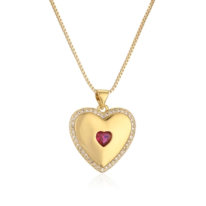 18K gold plated necklace with red heart zircon pendant and halo crystals on white base