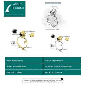Agate bee ring in S925 sterling silver with detailed 18K gold finish and dimensions