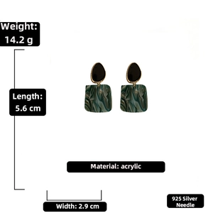 Detailed spec sheet showing marble acrylic drop earrings with 925 silver needle data