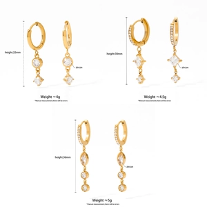 Three pairs of gold stainless steel zircon pendant earrings with size and weight specs