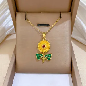 Sunflower Pendant Necklace Stainless Steel Chain Copper Enamel Rhinestone Floral Jewelry For Women Fashion Accessory