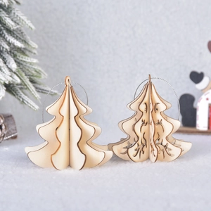 3D DIY wooden Christmas star ornaments with hanging string on snow background