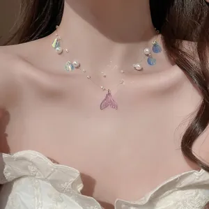 Mermaid Tail Pendant Necklace Layered With Imitation Artificial Pearls And Shell Sequins For Women Sweet Jewelry