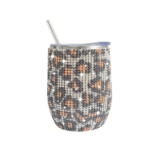 Sparkling leopard print rhinestone 12oz stainless steel wine tumbler with straw