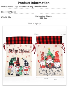 Large Christmas gnome burlap gift bag with red plaid drawstring and size dimensions