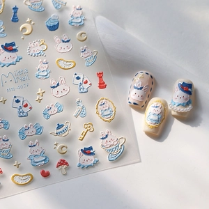3D embossed cartoon nail art stickers with blue rabbit and Alice motifs MN-407