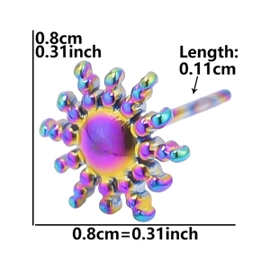 Macro detail of iridescent sunflower stud earring in 304 stainless steel and rainbow finish