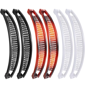 Set of 6 banana hair clips in black, tortoiseshell brown, and clear plastic finishes