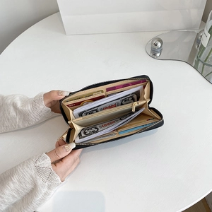 Chic black litchi pattern long zip wallet with multi-card slots and cash compartments
