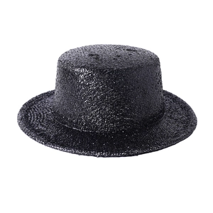 Detail of black glitter boater hat with shimmering sequins for party and stage performance