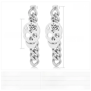 Detailed specs of skull chain earrings in stainless steel with 52x8mm dimensions