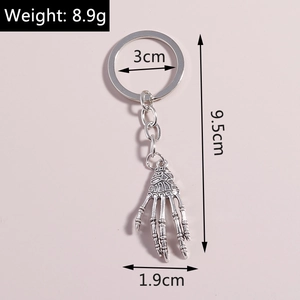 Gothic silver skeletal hand keychain dimensions with weight 8.9g and 9.5cm total length