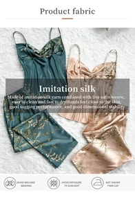 Detailed view of floral imitation silk pajama sets with care instructions labels