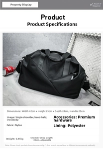Detailed view of black nylon travel bag with dimensions and adjustable shoulder strap