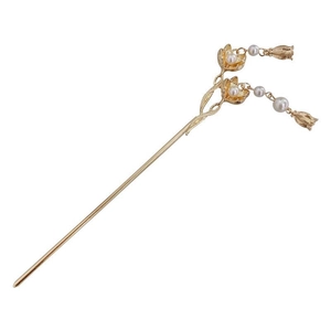 Elegant gold metal hair pin with floral motifs and hanging pearl tassels on white background