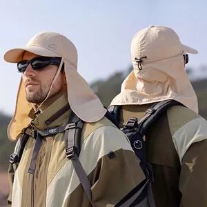 Outdoor sun protection hat with neck flap and breathable mesh in beige khaki color