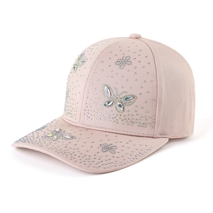 Casquette de baseball rose en coton avec strass papillons et visière incurvée