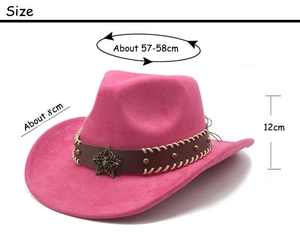Größenangaben für rosa Wildleder-Cowboyhut mit 57-58cm Kopfumfang und 8cm Krempe