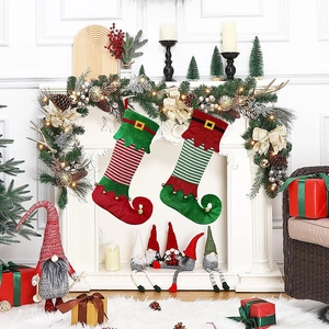 Christmas Stocking Elf Boot Style Curly Toe With Bells Stripes Belt Buckle Holiday Decoration Fireplace Hanging Gift Bag
