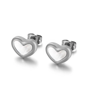 Minimalist silver heart earrings with white shell inlay on a clean white background