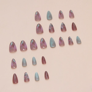 24pcs purple and gray geometric almond shape press-on nails with minimalist design