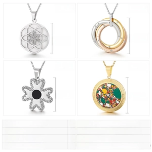 Detailed grid showing hollow tree, rhinestone clover, and greek key pattern steel pendants