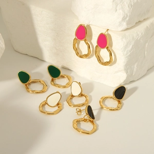 Bohemian 18K gold plated titanium steel earrings with colorful enamel hollow pendants