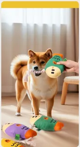Close-up of a Shiba Inu dog interacting with a plush fish toy featuring a durable cotton rope