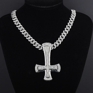 Hip hop silver iced out inverted cross pendant with cuban chain necklace for men