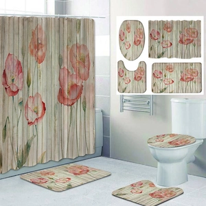 Detail showing 4-piece bathroom set with red poppy flowers on vintage wood texture