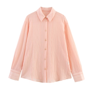 Women Pink Textured Long Sleeve Shirt Lapel Collar Loose Button Up Blouse Elegant Sweet Casual Spring Top