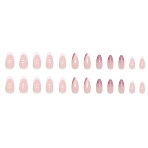 French white tip and purple glitter gradient almond press-on nails 24pcs set