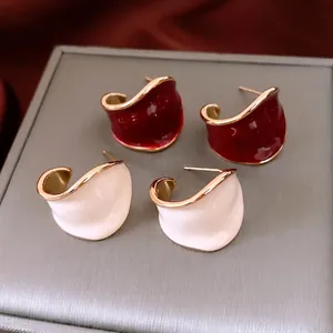 Wavy C-Shaped Wide Hoop Earrings Enamel Copper Gold Plated With 925 Sterling Silver Earring Post Retro For Women