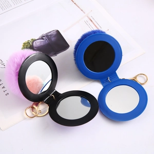 Portable folding double-sided makeup mirror with plush faux rabbit fur ball keychain