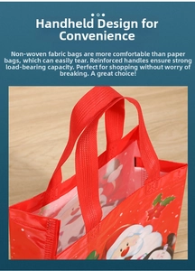 Detail of Christmas non-woven gift bag with reinforced handles and Santa Claus pattern