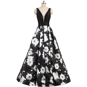 Elegant floor-length black V-neck sleeveless evening gown with white floral print skirt