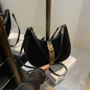 Women Suede Hobo Underarm Bag Half Moon Shoulder Bag Gold Metal Letters Retro Minimalist Zipper Solid Color