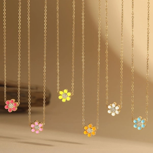 Enamel Flower Pendant Necklace Copper Zircon Colorful Small Daisy Jewelry For Women Girls Simple Fashion
