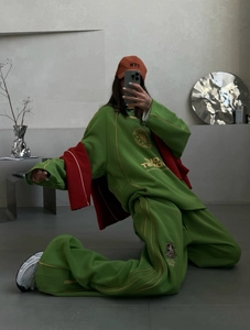 Women Cotton Blend Oversized Sweatshirt And Wide Leg Pants Casual Streetwear Color Block Letter Print