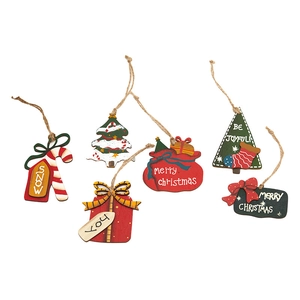 6-piece set of wooden Christmas tree ornaments featuring candy cane and gift box shapes