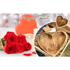 Handcrafted heart-shaped wooden prayer bowl with cross engraving in a gift box