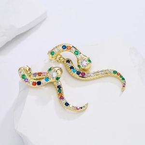 Exaggerated 18K gold snake stud earrings set with vibrant colorful zircon gemstones