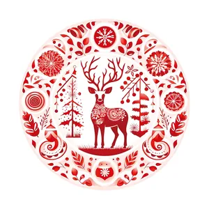 Weihnachts-Wandtattoo mit rotem Rentier im runden Blumenkranz für die Festdekoration