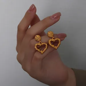 Retro Hollow Heart Drop Earrings Titanium Steel Gold Plated Twisted Braided Texture Geometric Exaggerated Luxury Studs